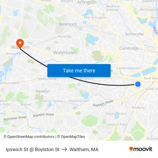 Ipswich St @ Boylston St to Waltham, MA map