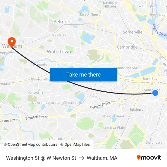 Washington St @ W Newton St to Waltham, MA map