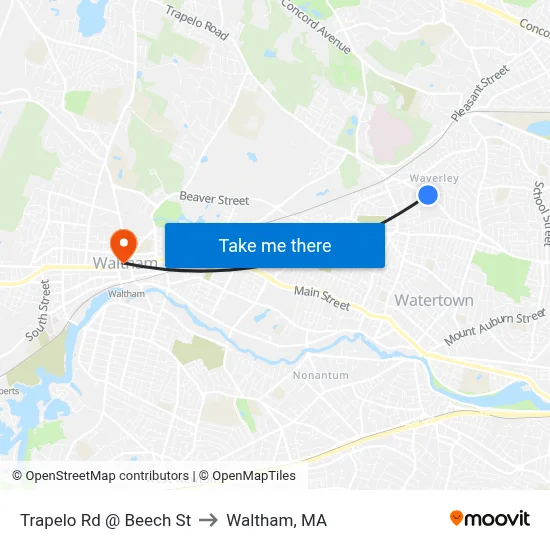 Trapelo Rd @ Beech St to Waltham, MA map