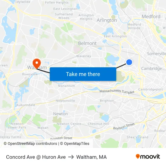 Concord Ave @ Huron Ave to Waltham, MA map