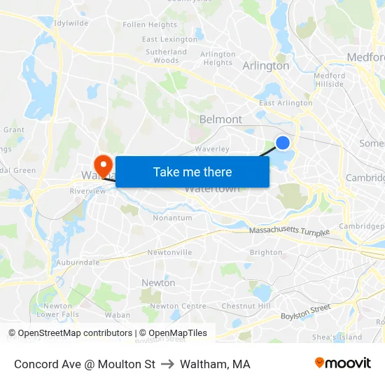 Concord Ave @ Moulton St to Waltham, MA map