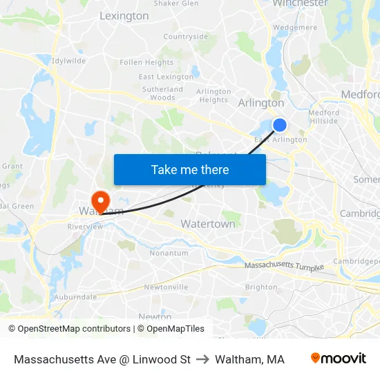Massachusetts Ave @ Linwood St to Waltham, MA map