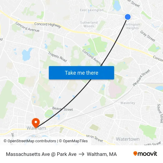 Massachusetts Ave @ Park Ave to Waltham, MA map