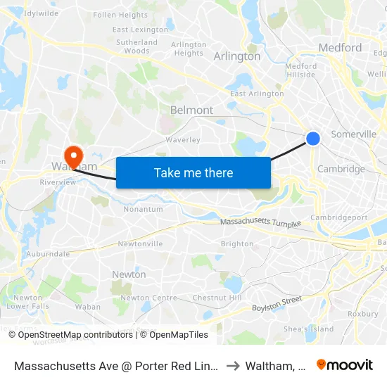 Massachusetts Ave @ Porter Red Line Sta to Waltham, MA map