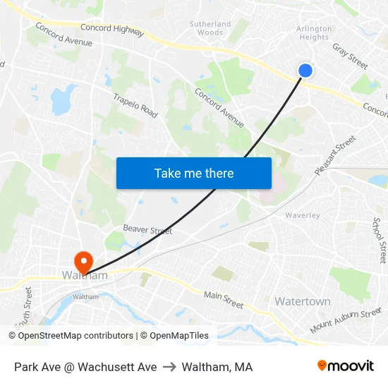 Park Ave @ Wachusett Ave to Waltham, MA map