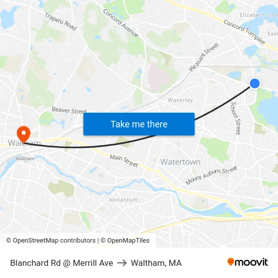 Blanchard Rd @ Merrill Ave to Waltham, MA map