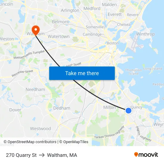 270 Quarry St to Waltham, MA map
