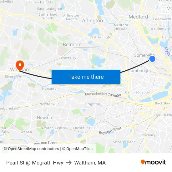 Pearl St @ Mcgrath Hwy to Waltham, MA map
