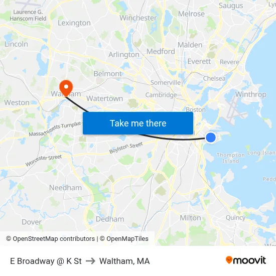E Broadway @ K St to Waltham, MA map