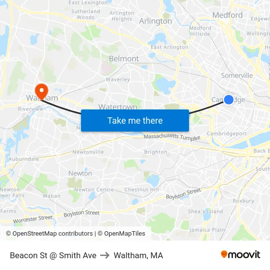 Beacon St @ Smith Ave to Waltham, MA map
