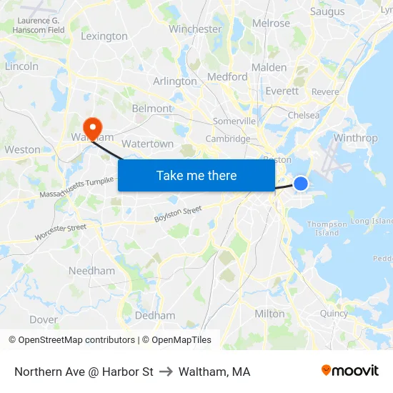Northern Ave @ Harbor St to Waltham, MA map