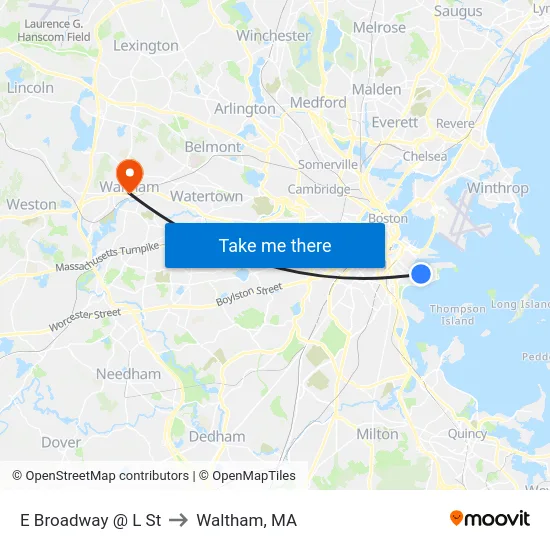 E Broadway @ L St to Waltham, MA map