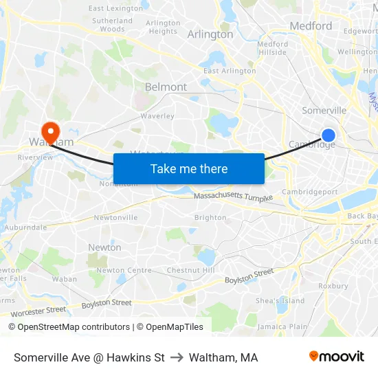 Somerville Ave @ Hawkins St to Waltham, MA map