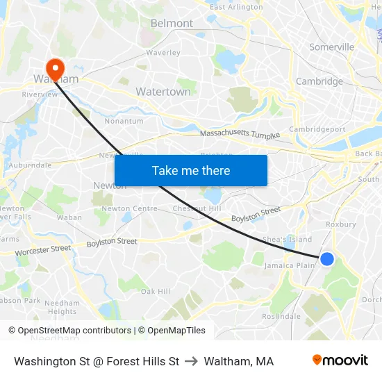 Washington St @ Forest Hills St to Waltham, MA map