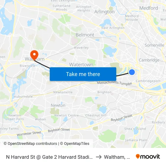 N Harvard St @ Gate 2 Harvard Stadium to Waltham, MA map