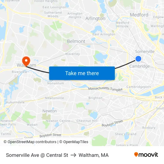 Somerville Ave @ Central St to Waltham, MA map