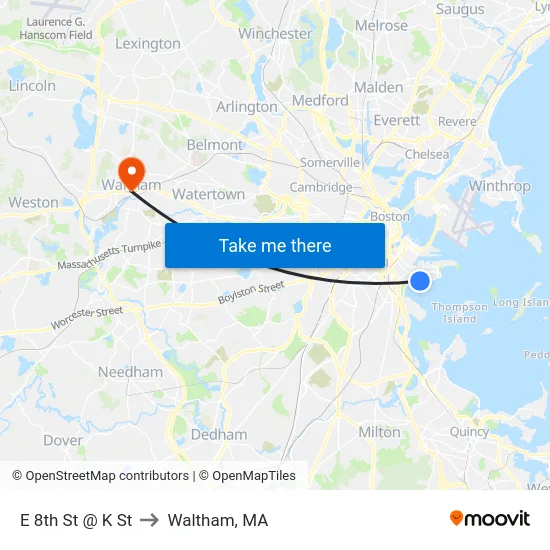 E 8th St @ K St to Waltham, MA map