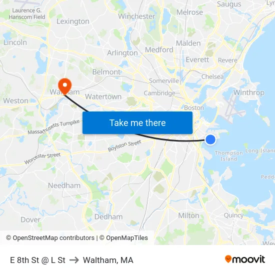 E 8th St @ L St to Waltham, MA map