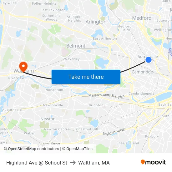 Highland Ave @ School St to Waltham, MA map
