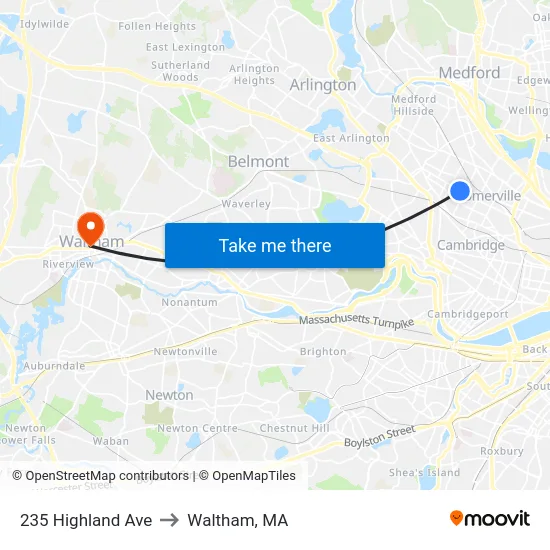 235 Highland Ave to Waltham, MA map