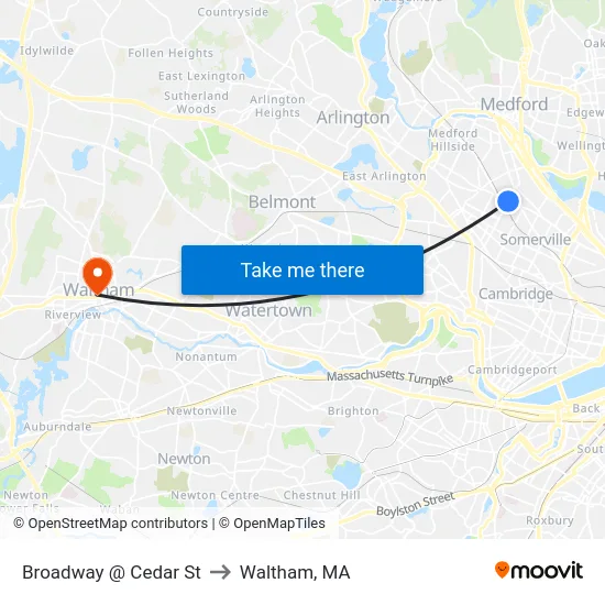 Broadway @ Cedar St to Waltham, MA map