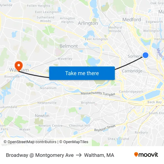 Broadway @ Montgomery Ave to Waltham, MA map