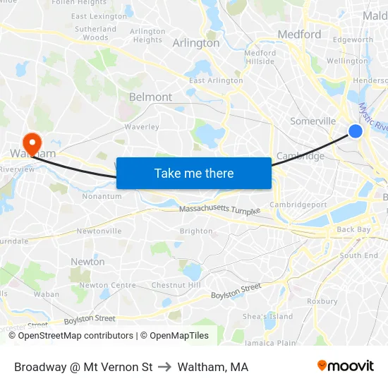 Broadway @ Mt Vernon St to Waltham, MA map