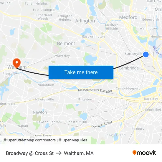 Broadway @ Cross St to Waltham, MA map
