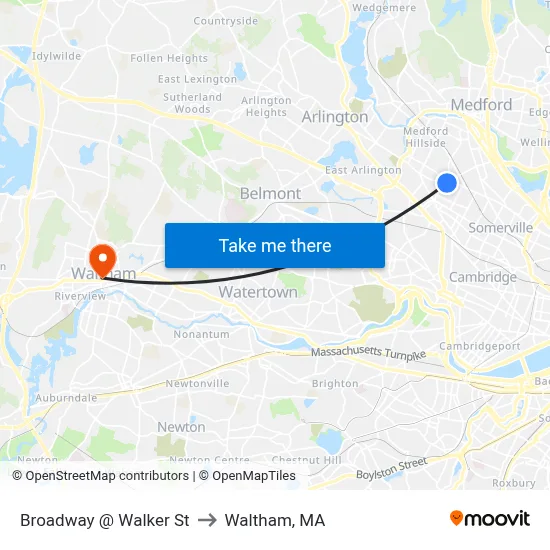 Broadway @ Walker St to Waltham, MA map