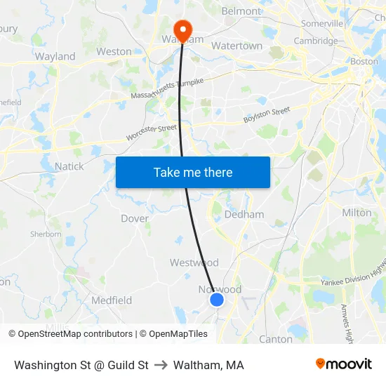 Washington St @ Guild St to Waltham, MA map