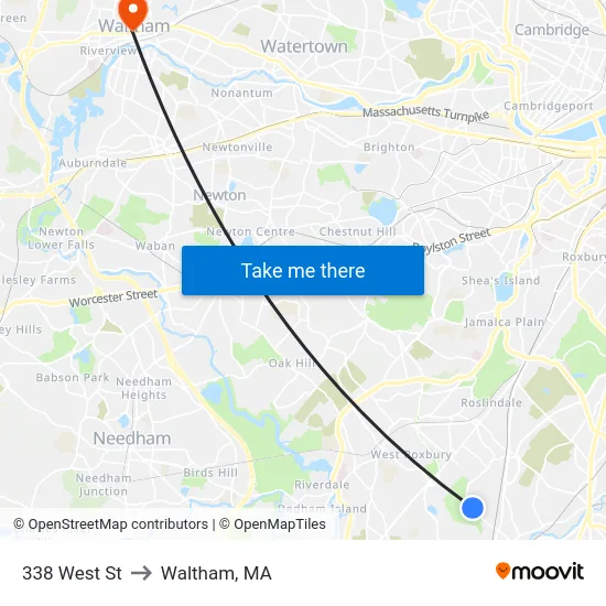 338 West St to Waltham, MA map