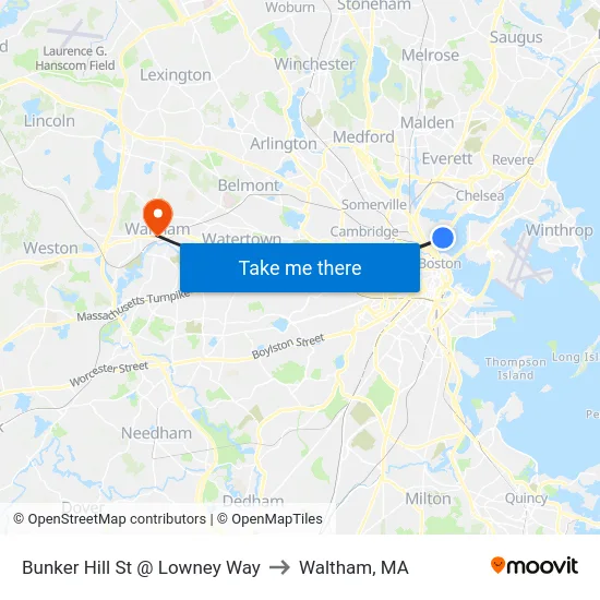 Bunker Hill St @ Lowney Way to Waltham, MA map