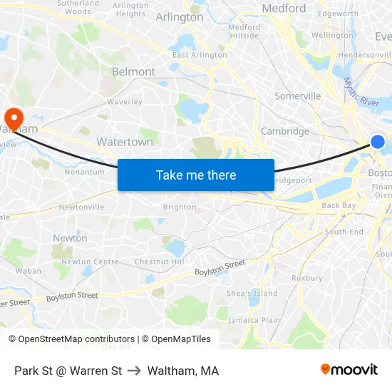 Park St @ Warren St to Waltham, MA map