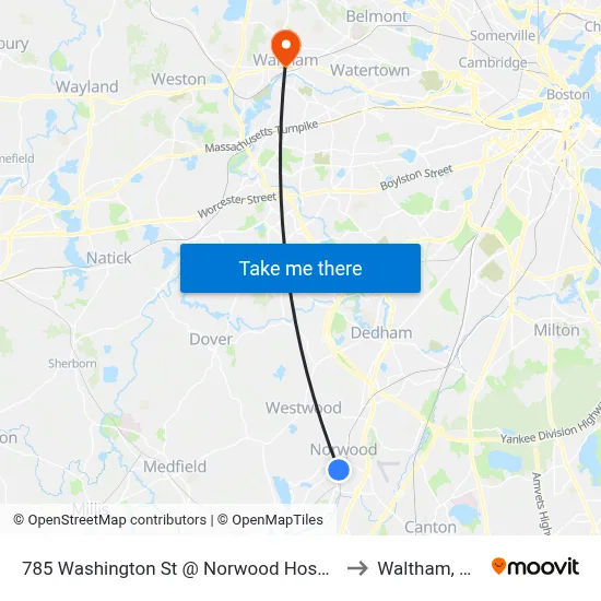785 Washington St @ Norwood Hospital to Waltham, MA map