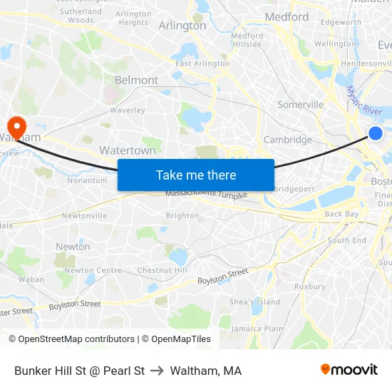 Bunker Hill St @ Pearl St to Waltham, MA map