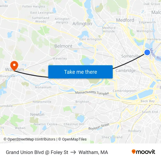 Grand Union Blvd @ Foley St to Waltham, MA map
