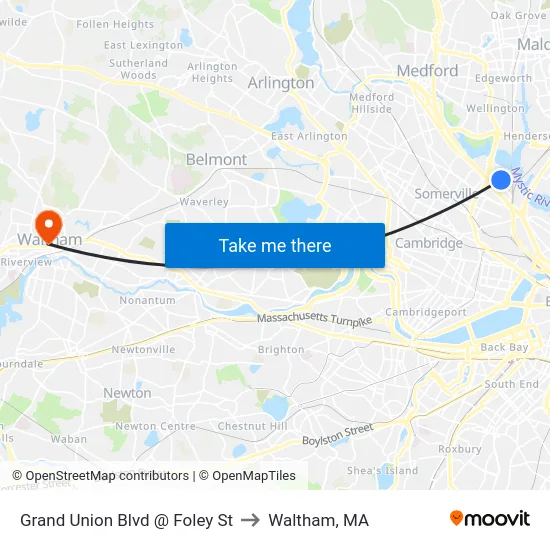 Grand Union Blvd @ Foley St to Waltham, MA map