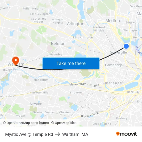 Mystic Ave @ Temple Rd to Waltham, MA map
