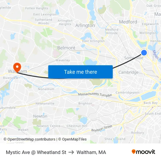 Mystic Ave @ Wheatland St to Waltham, MA map