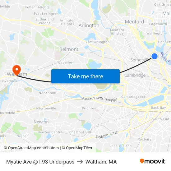 Mystic Ave @ I-93 Underpass to Waltham, MA map