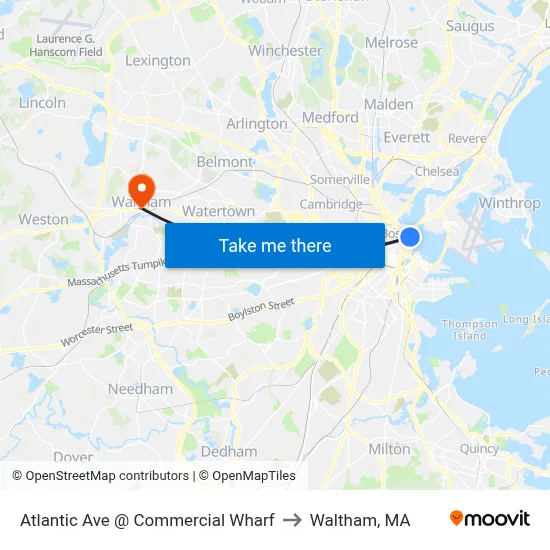 Atlantic Ave @ Commercial Wharf to Waltham, MA map