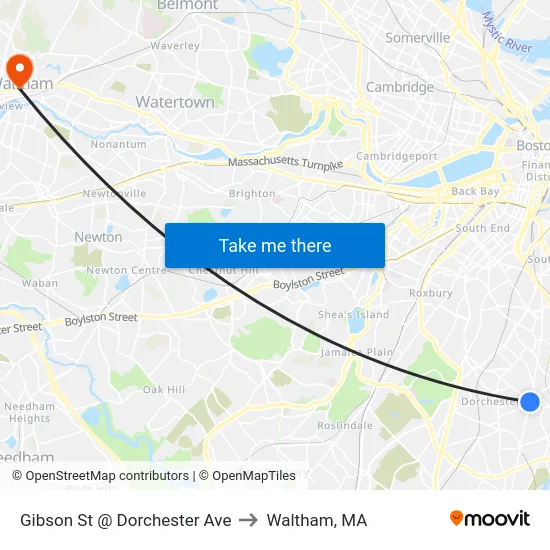 Gibson St @ Dorchester Ave to Waltham, MA map