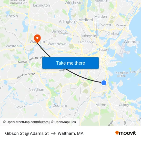 Gibson St @ Adams St to Waltham, MA map