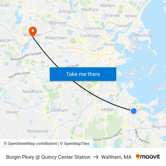 Burgin Pkwy @ Quincy Center Station to Waltham, MA map