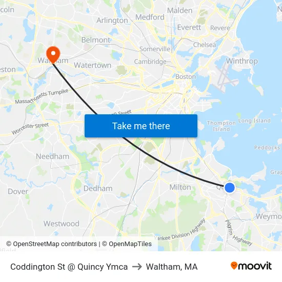 Coddington St @ Quincy Ymca to Waltham, MA map