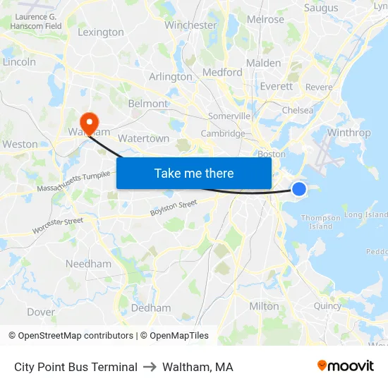 City Point Bus Terminal to Waltham, MA map