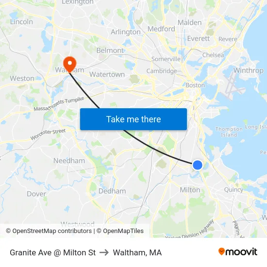 Granite Ave @ Milton St to Waltham, MA map