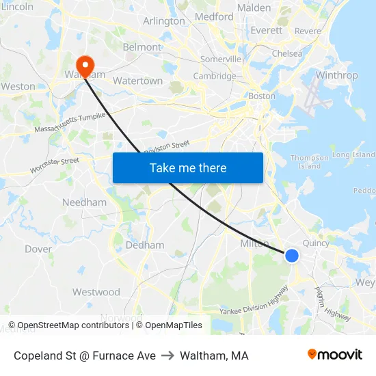 Copeland St @ Furnace Ave to Waltham, MA map