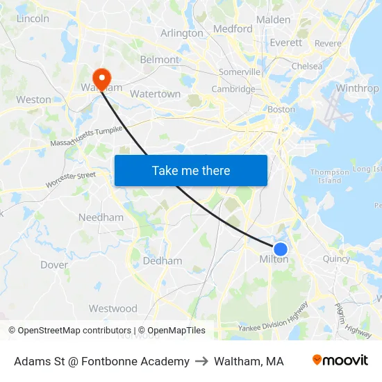 Adams St @ Fontbonne Academy to Waltham, MA map