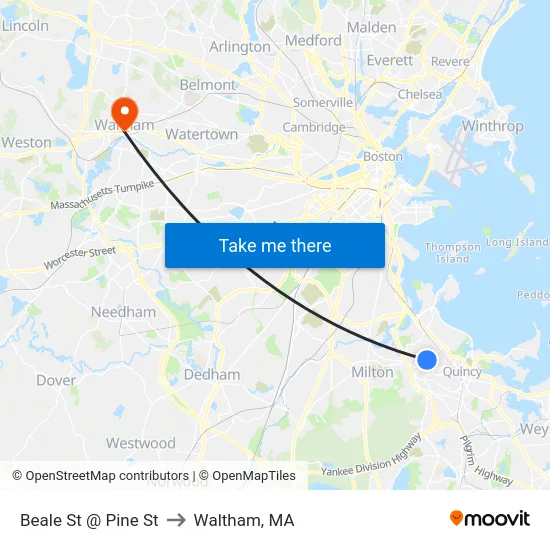 Beale St @ Pine St to Waltham, MA map